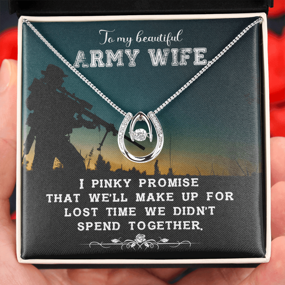 To My Army Wife Promise Lucky Horseshoe Necklace Message Card 14k w CZ Crystals-Express Your Love Gifts