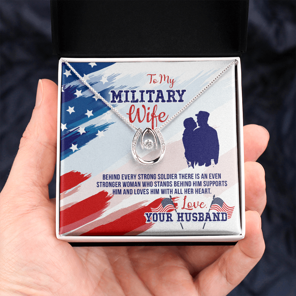 To My Army Wife Strong Soldier Lucky Horseshoe Necklace Message Card 14k w CZ Crystals-Express Your Love Gifts