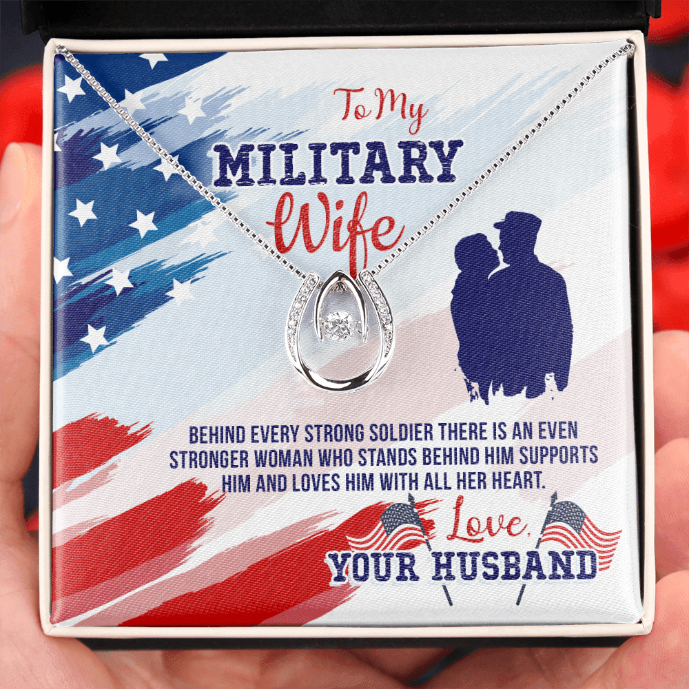 To My Army Wife Strong Soldier Lucky Horseshoe Necklace Message Card 14k w CZ Crystals-Express Your Love Gifts