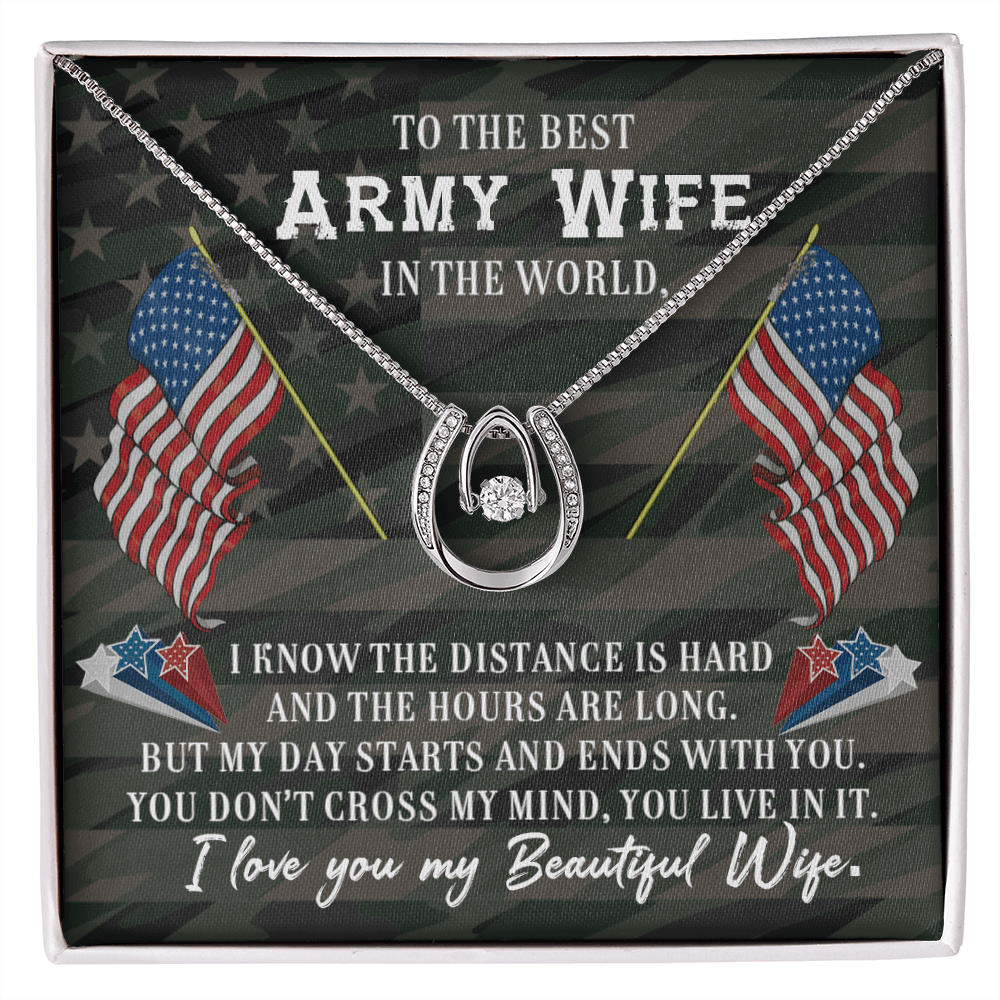 To My Army Wife With You Lucky Horseshoe Necklace Message Card 14k w CZ Crystals-Express Your Love Gifts