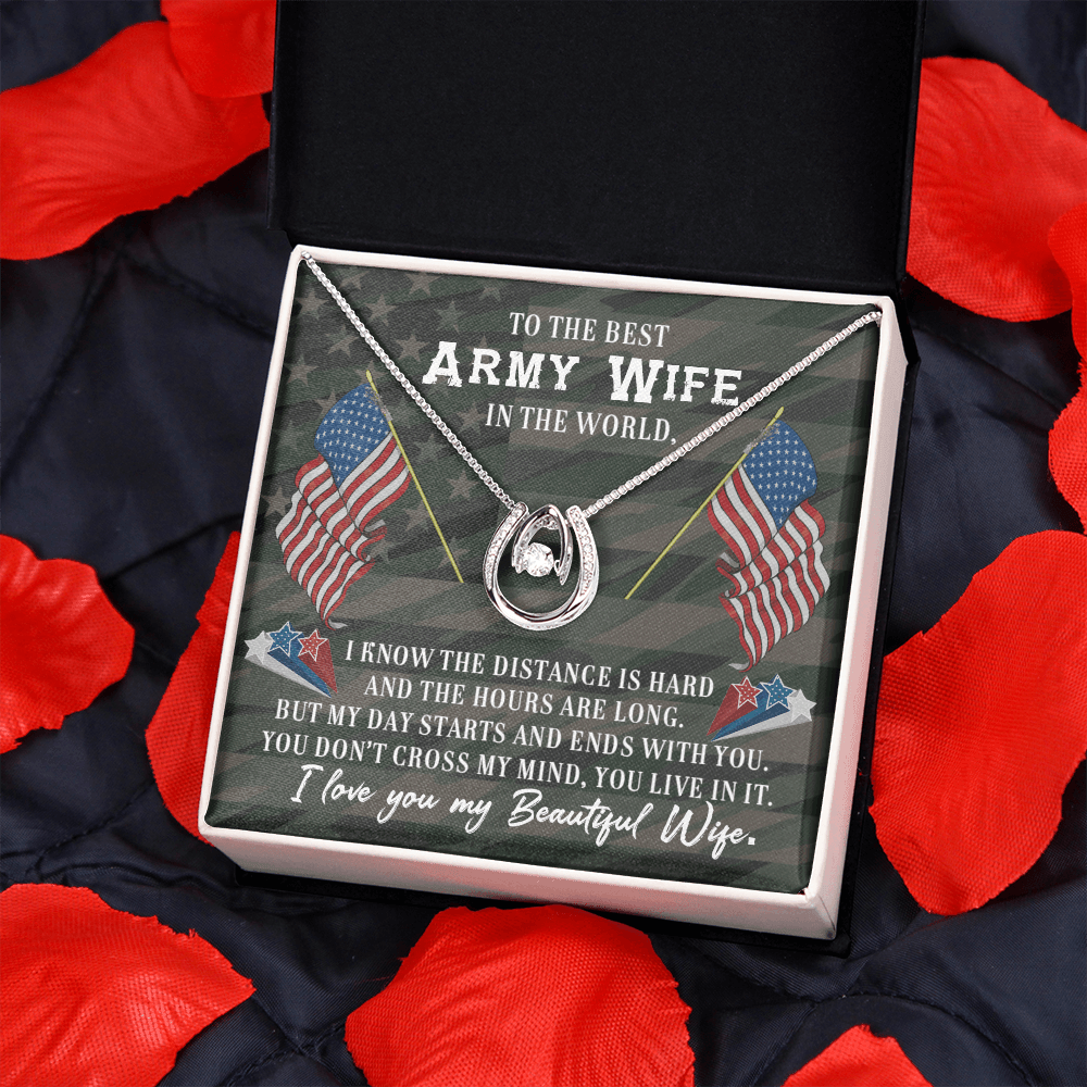 To My Army Wife With You Lucky Horseshoe Necklace Message Card 14k w CZ Crystals-Express Your Love Gifts