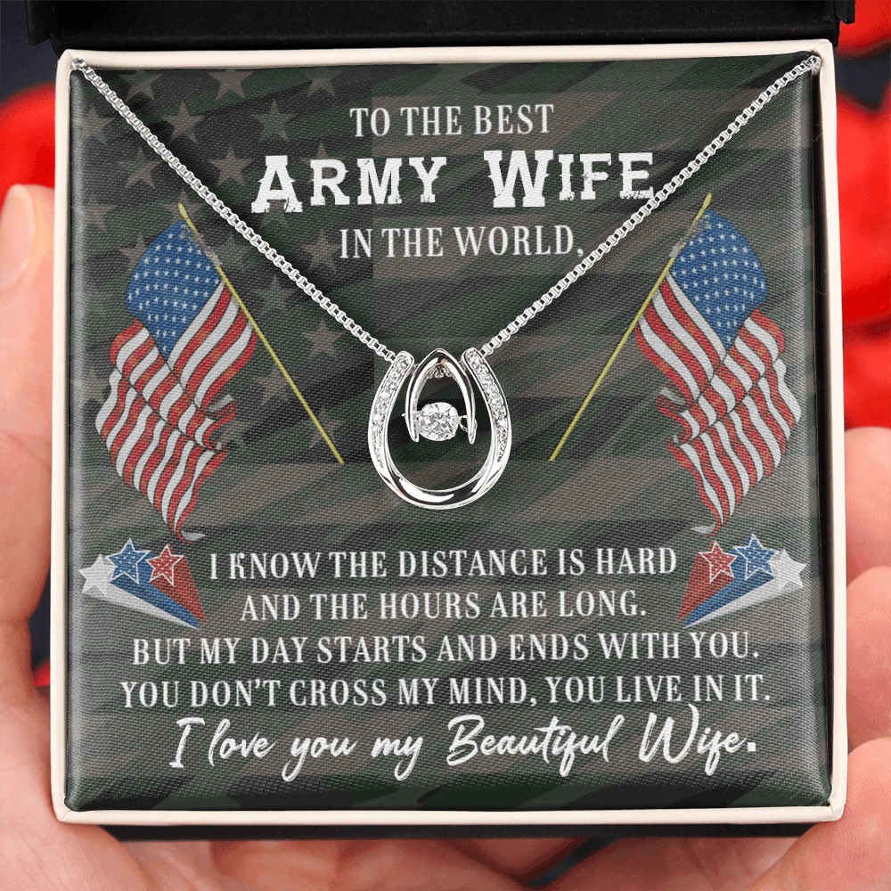 To My Army Wife With You Lucky Horseshoe Necklace Message Card 14k w CZ Crystals-Express Your Love Gifts