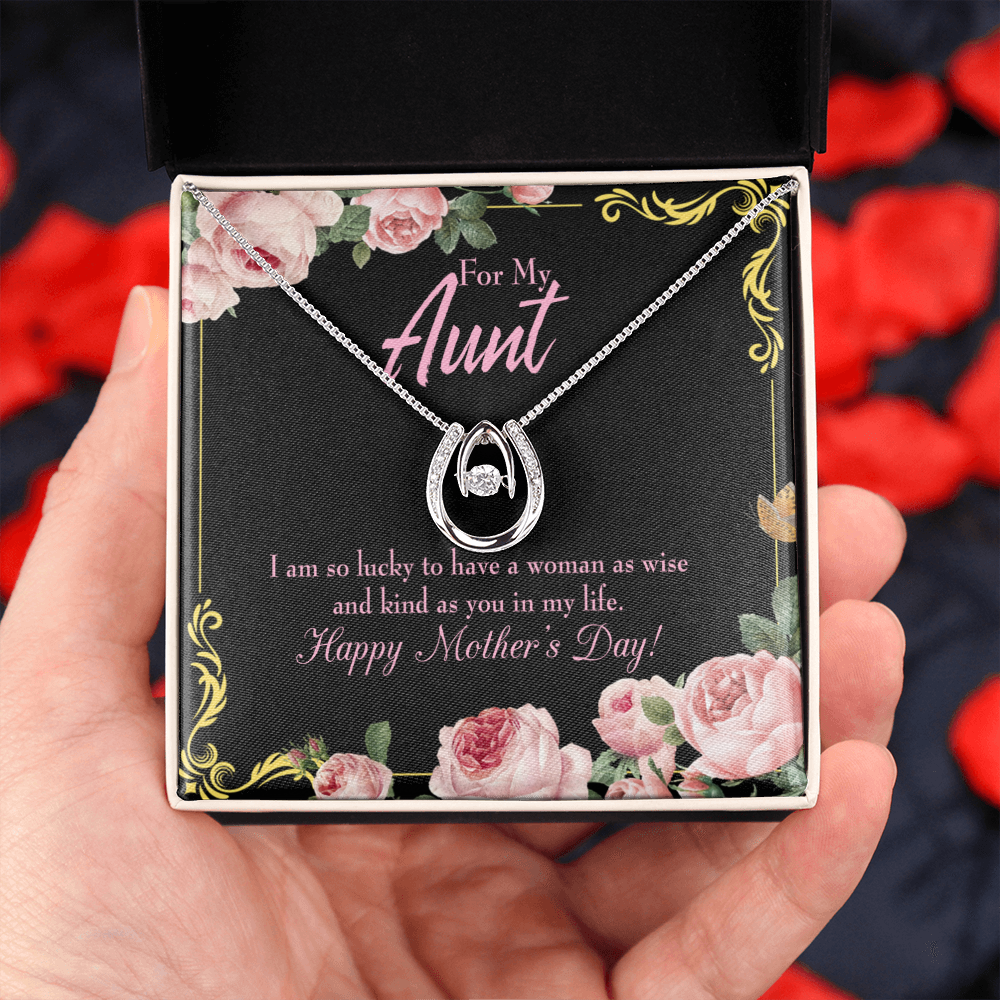 To My Aunt Happy Mothers Day Lucky Horseshoe Necklace Message Card 14k w CZ Crystals-Express Your Love Gifts