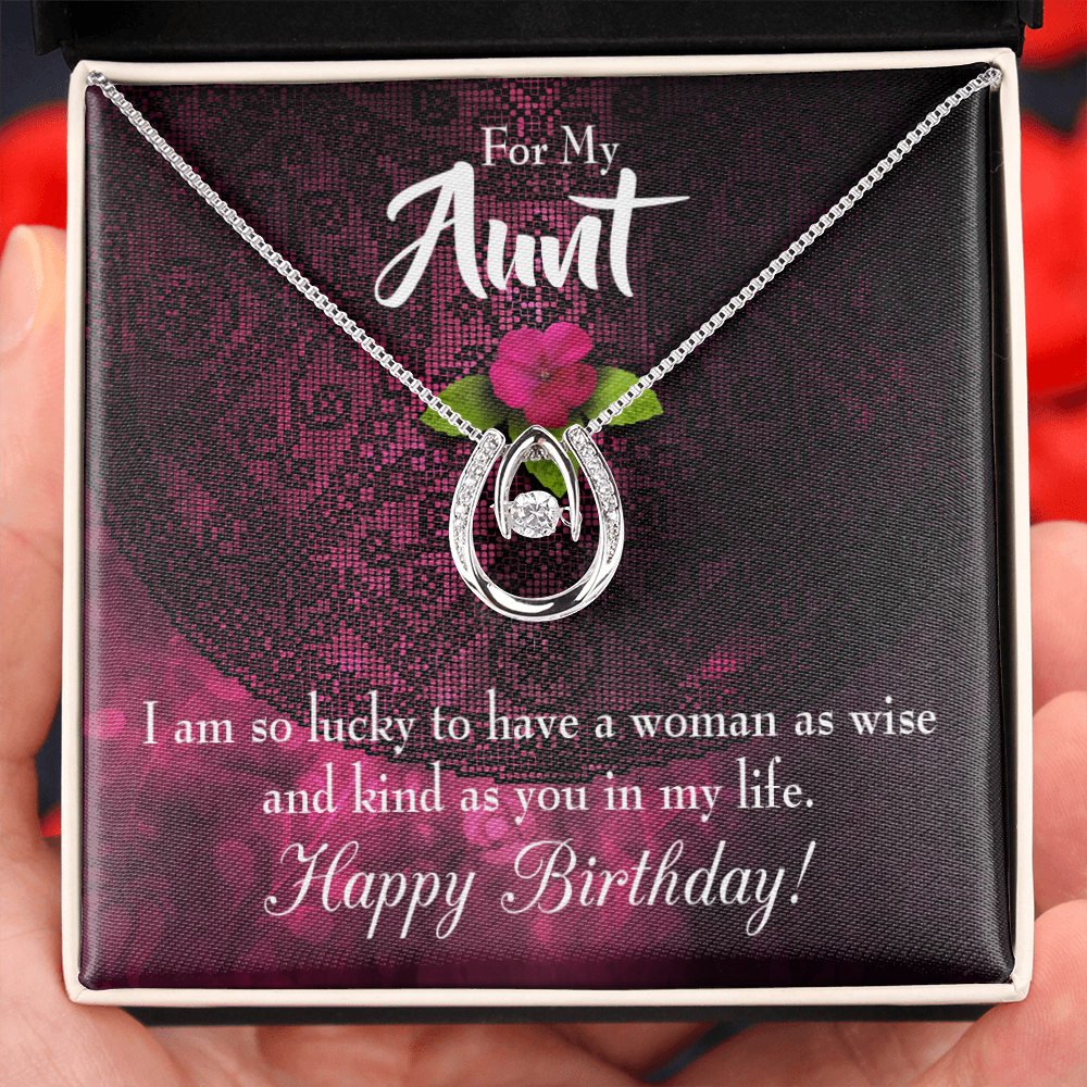 To My Aunt Lucky to Have Happy Birthday Message Lucky Horseshoe Necklace Message Card 14k w CZ Crystals-Express Your Love Gifts