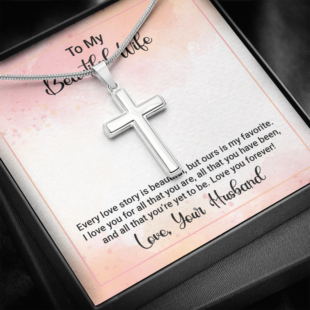 To My Beautiful Wife Happy Anniversary Cross Card Necklace w Stainless Steel Pendant-Express Your Love Gifts