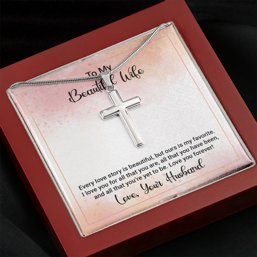 To My Beautiful Wife Happy Anniversary Cross Card Necklace w Stainless Steel Pendant-Express Your Love Gifts