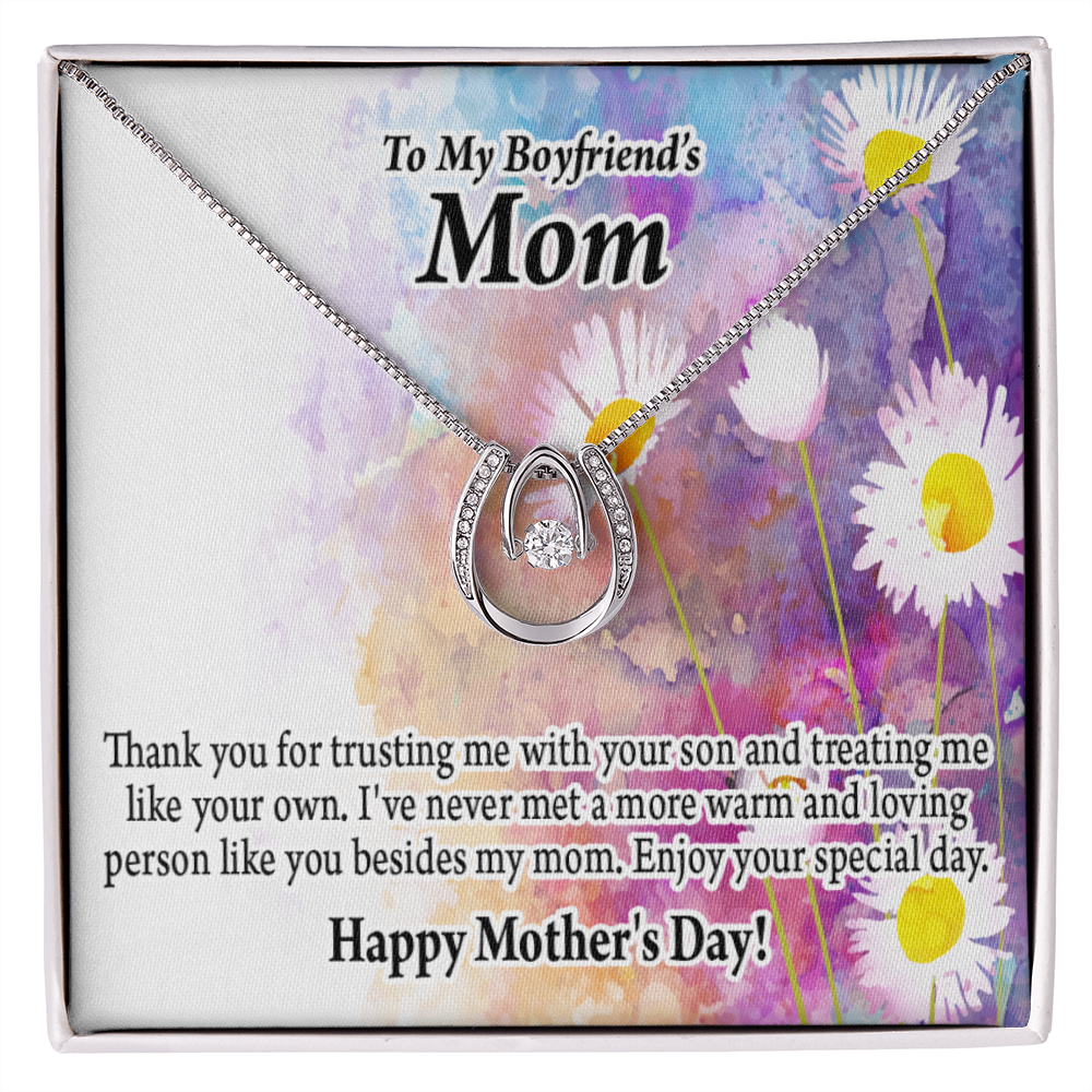 To My Boyfriend&#39;s Happy Mothers Day Mom Lucky Horseshoe Necklace Message Card 14k w CZ Crystals-Express Your Love Gifts