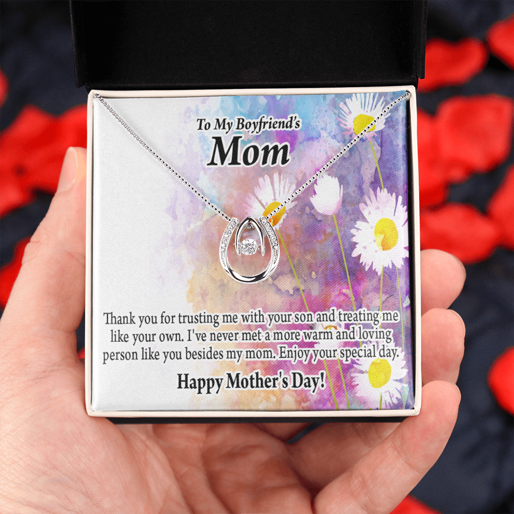 To My Boyfriend's Happy Mothers Day Mom Lucky Horseshoe Necklace Message Card 14k w CZ Crystals-Express Your Love Gifts