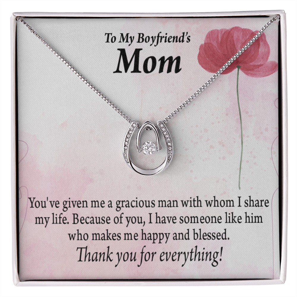 To My Boyfriend&#39;s Mom Thank You Lucky Horseshoe Necklace Message Card 14k w CZ Crystals-Express Your Love Gifts