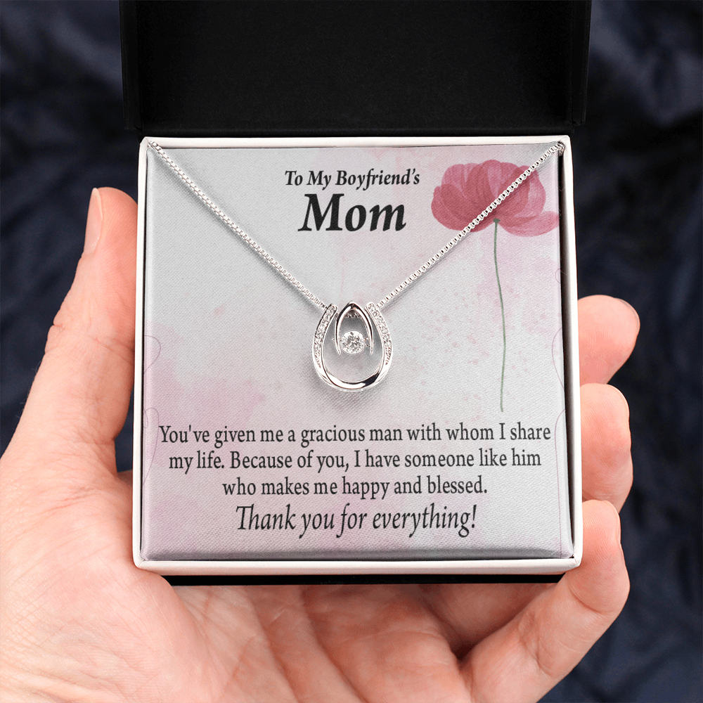 To My Boyfriend's Mom Thank You Lucky Horseshoe Necklace Message Card 14k w CZ Crystals-Express Your Love Gifts