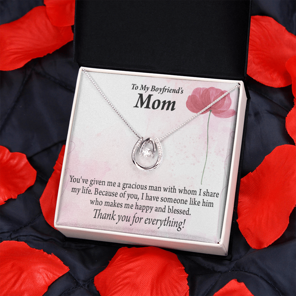 To My Boyfriend's Mom Thank You Lucky Horseshoe Necklace Message Card 14k w CZ Crystals-Express Your Love Gifts