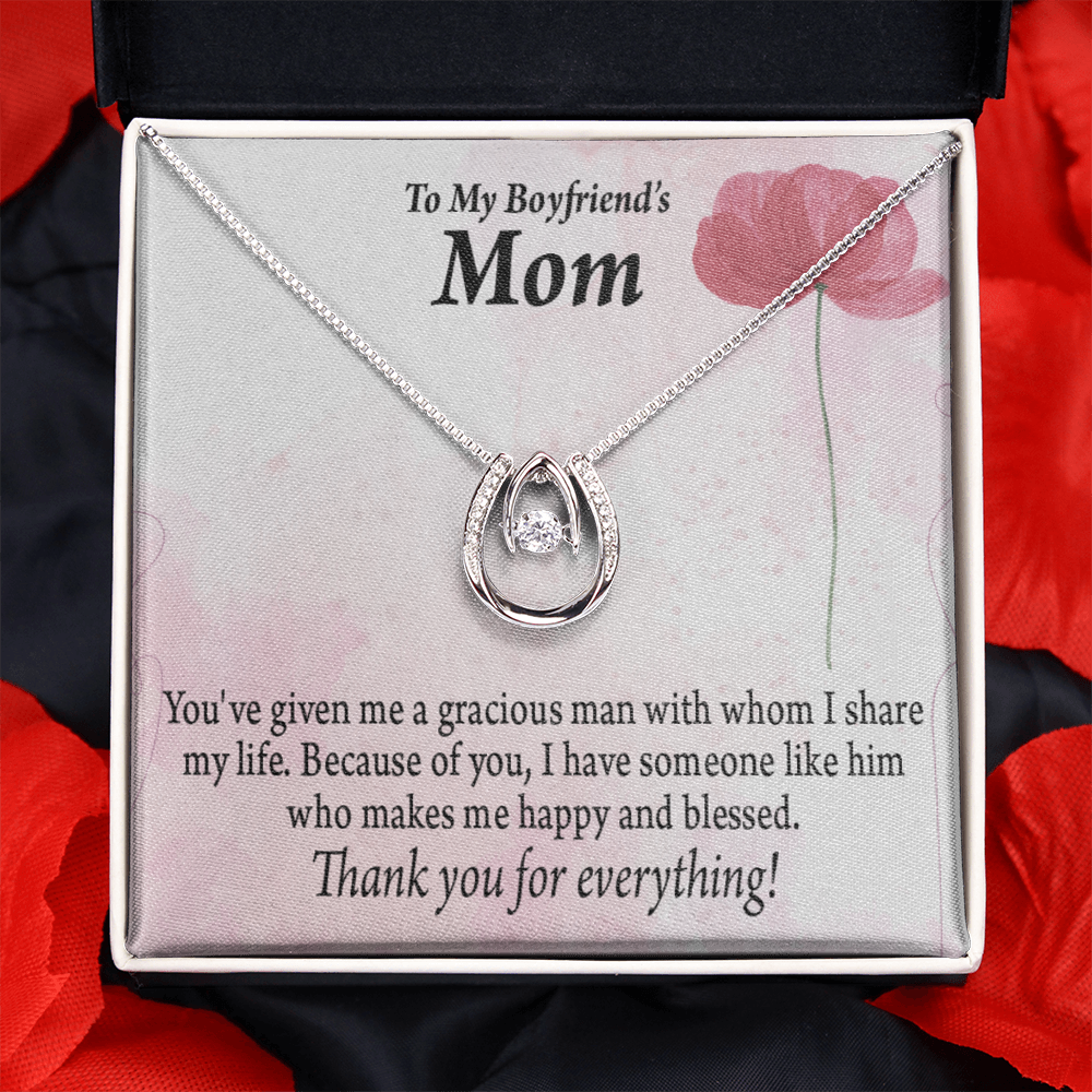 To My Boyfriend's Mom Thank You Lucky Horseshoe Necklace Message Card 14k w CZ Crystals-Express Your Love Gifts