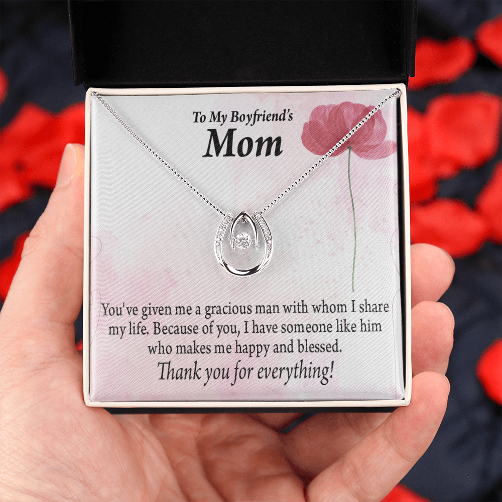 To My Boyfriend's Mom Thank You Lucky Horseshoe Necklace Message Card 14k w CZ Crystals-Express Your Love Gifts