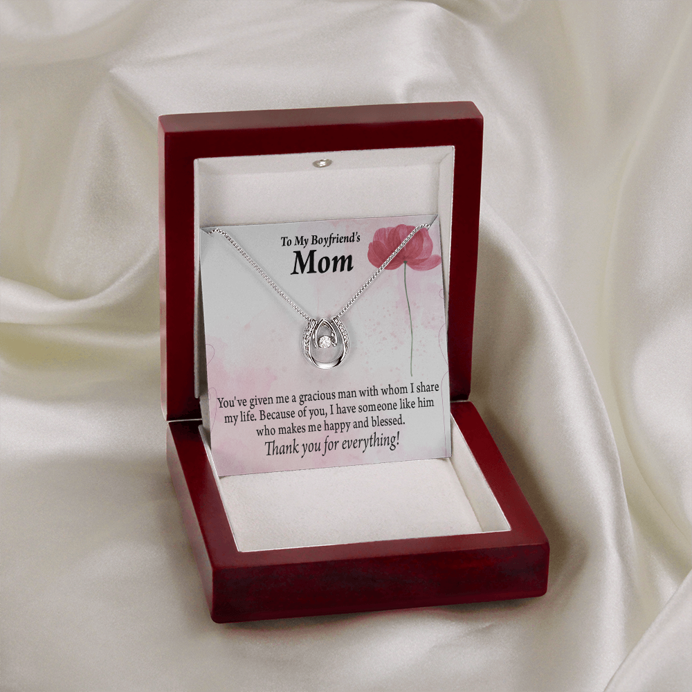 To My Boyfriend's Mom Thank You Lucky Horseshoe Necklace Message Card 14k w CZ Crystals-Express Your Love Gifts