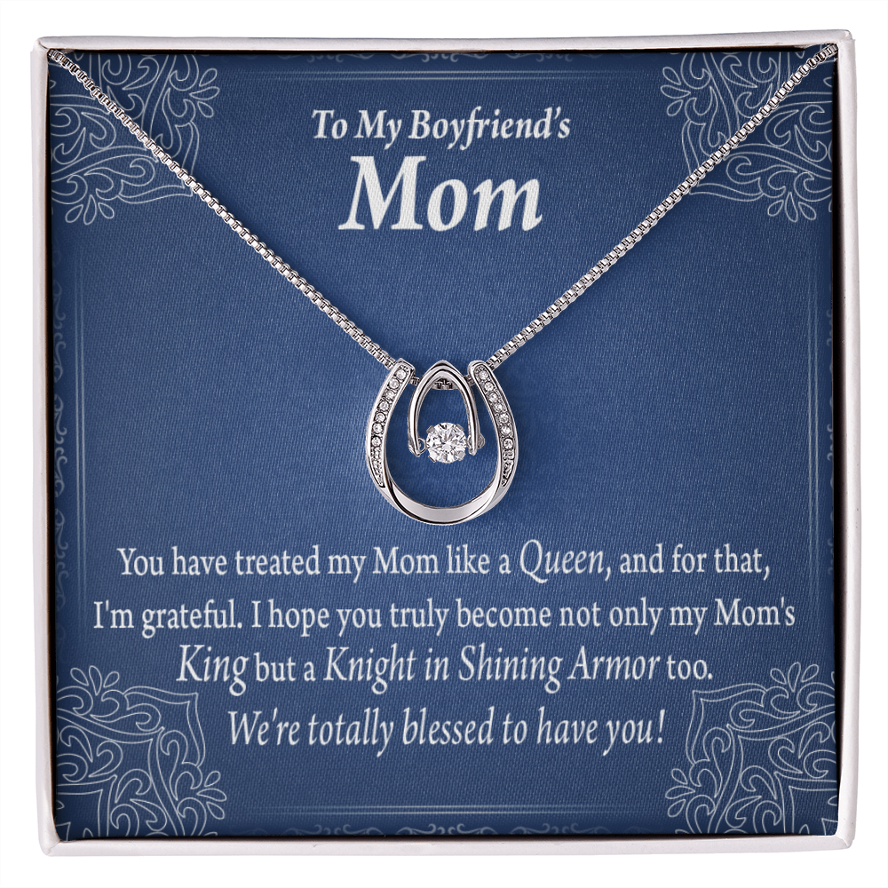 To My Boyfriends&#39;&#39;s Mom Raised By a Queen Lucky Horseshoe Necklace Message Card 14k w CZ Crystals-Express Your Love Gifts