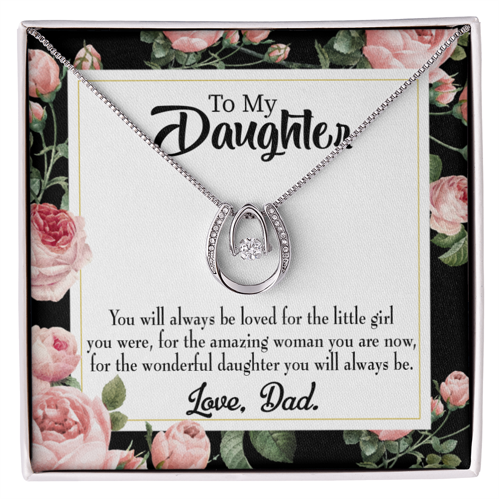To My Daughter Always be Dad&#39;s Little Girl Lucky Horseshoe Necklace Message Card 14k w CZ Crystals-Express Your Love Gifts