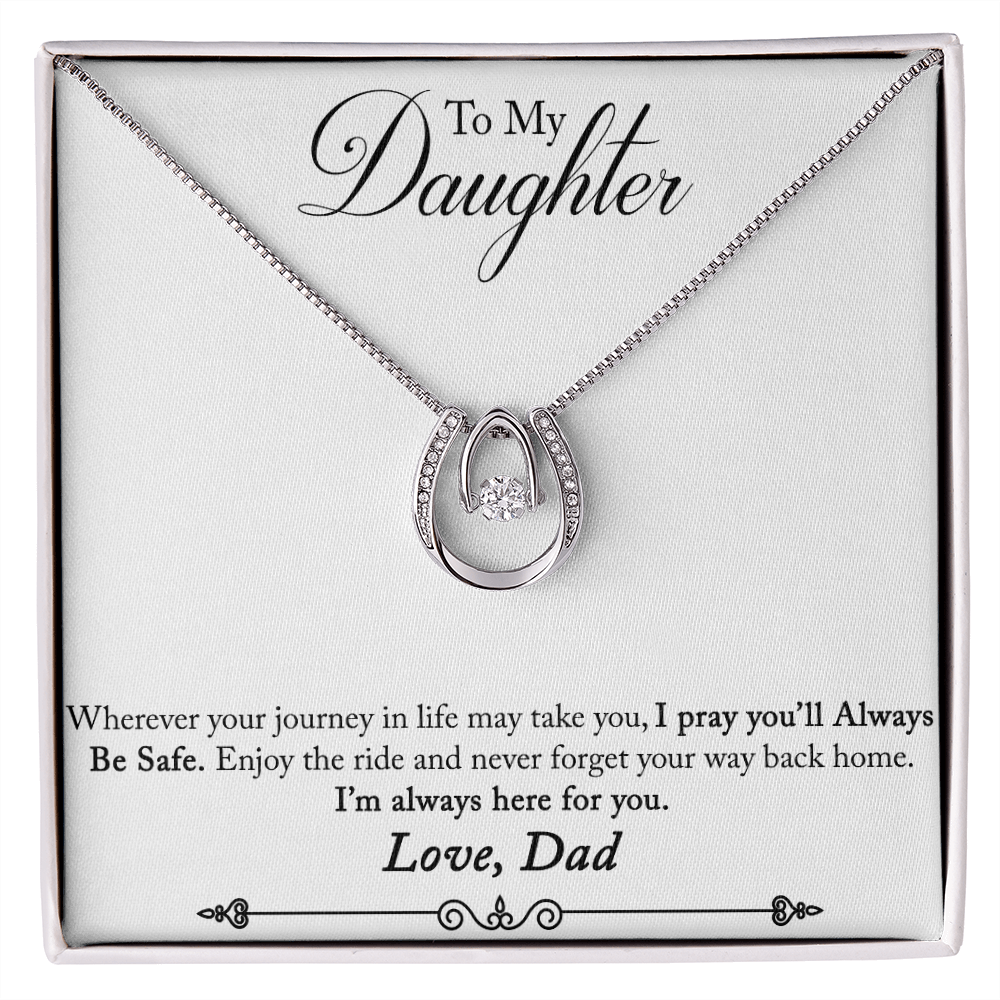 To My Daughter Always Be Safe Horseshoe Necklace Message Card 14k w CZ Crystals-Express Your Love Gifts