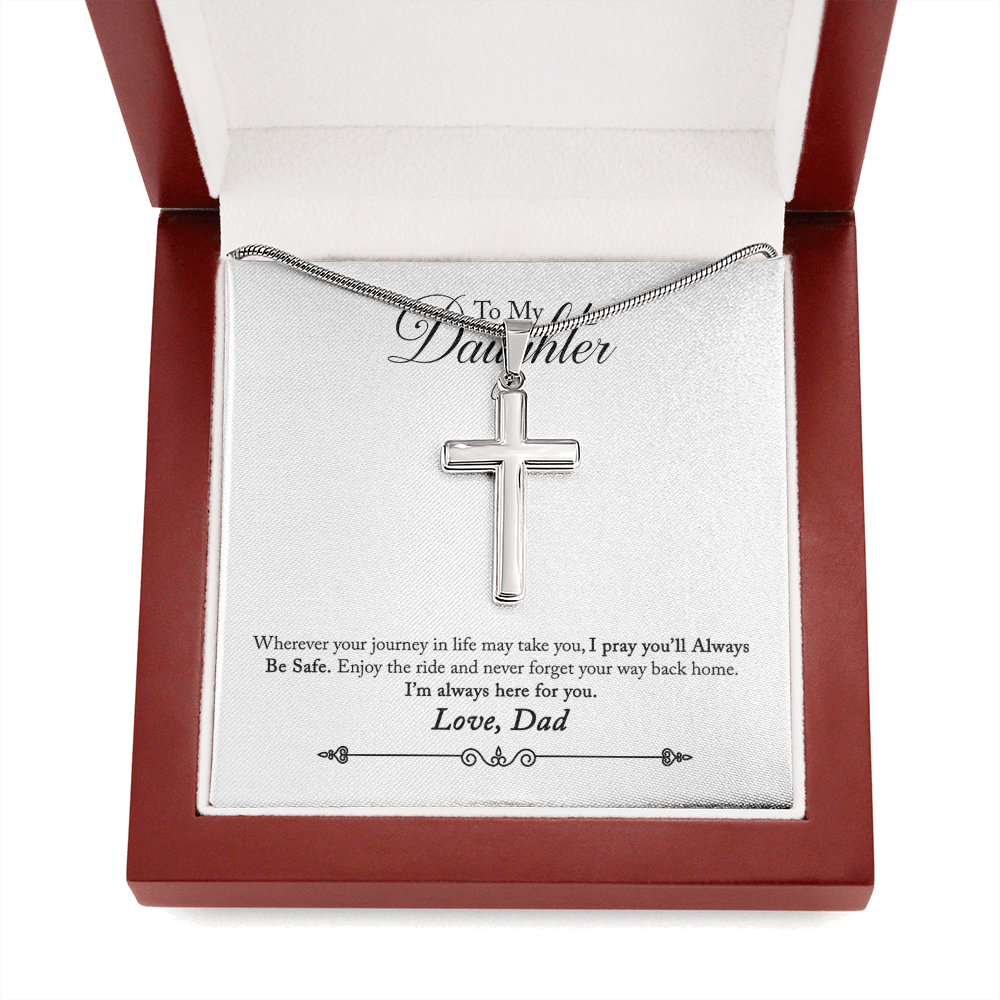 To My Daughter Always Be Safe Message Cross Card Necklace w Stainless Steel Pendant-Express Your Love Gifts