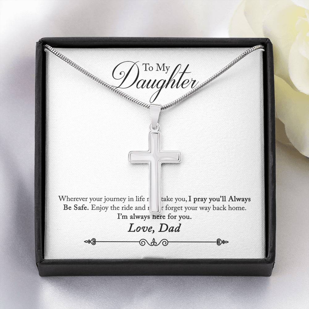 To My Daughter Always Be Safe Message Cross Card Necklace w Stainless Steel Pendant-Express Your Love Gifts