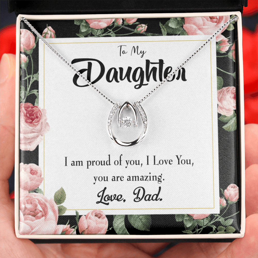 To My Daughter Amazing Daughter to Dad Lucky Horseshoe Necklace Message Card 14k w CZ Crystals-Express Your Love Gifts