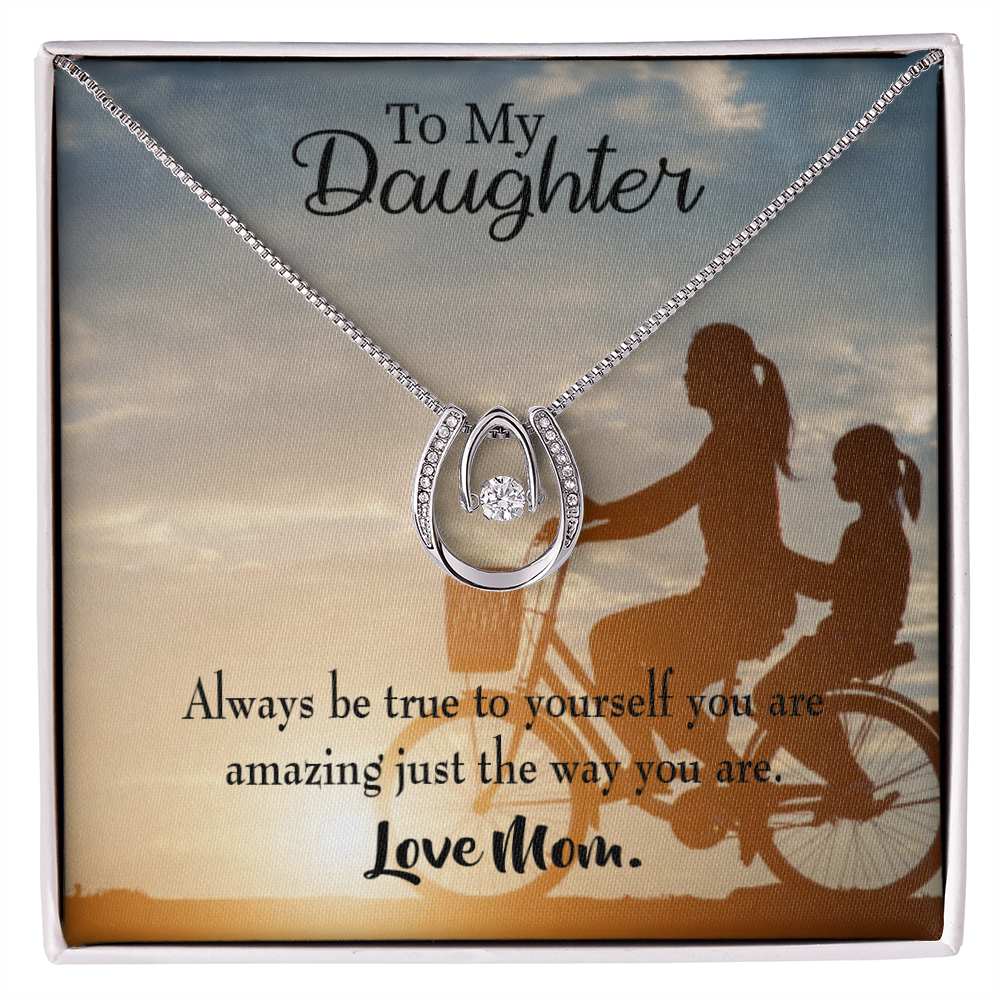 To My Daughter Be True to Yourself Mom Lucky Horseshoe Necklace Message Card 14k w CZ Crystals-Express Your Love Gifts