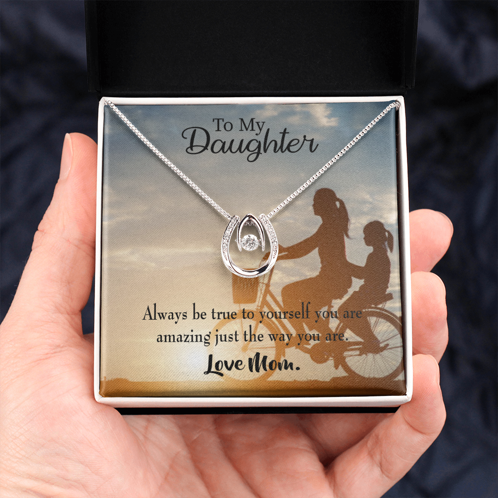 To My Daughter Be True to Yourself Mom Lucky Horseshoe Necklace Message Card 14k w CZ Crystals-Express Your Love Gifts