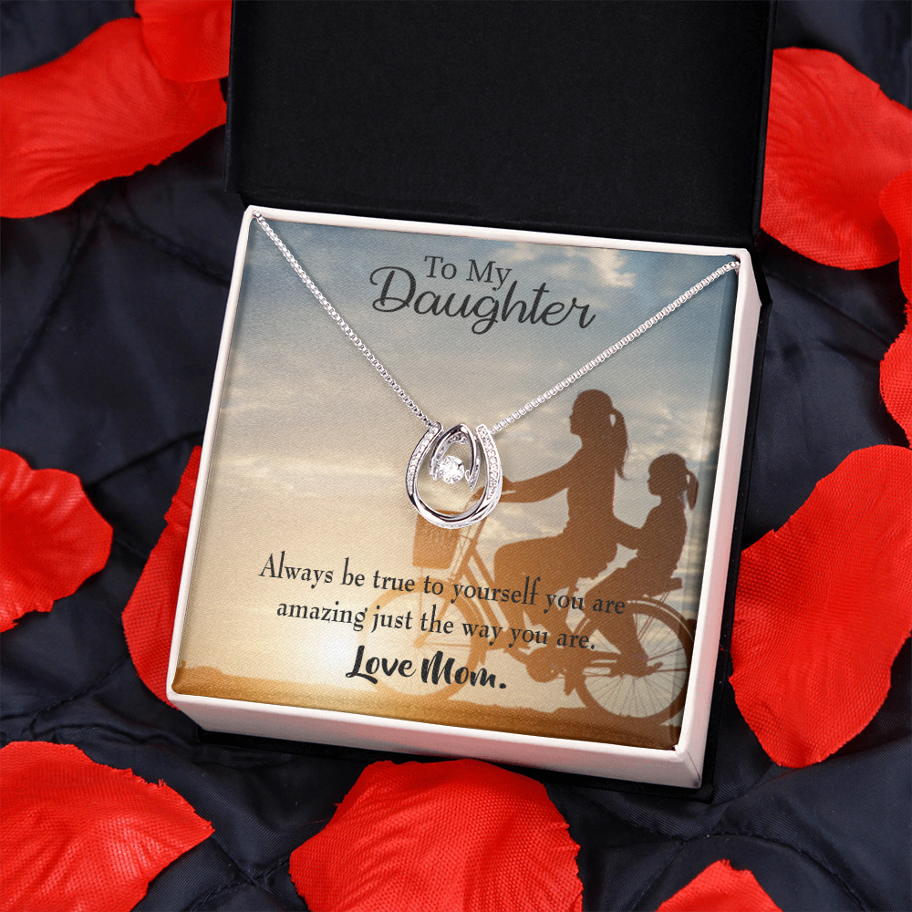 To My Daughter Be True to Yourself Mom Lucky Horseshoe Necklace Message Card 14k w CZ Crystals-Express Your Love Gifts