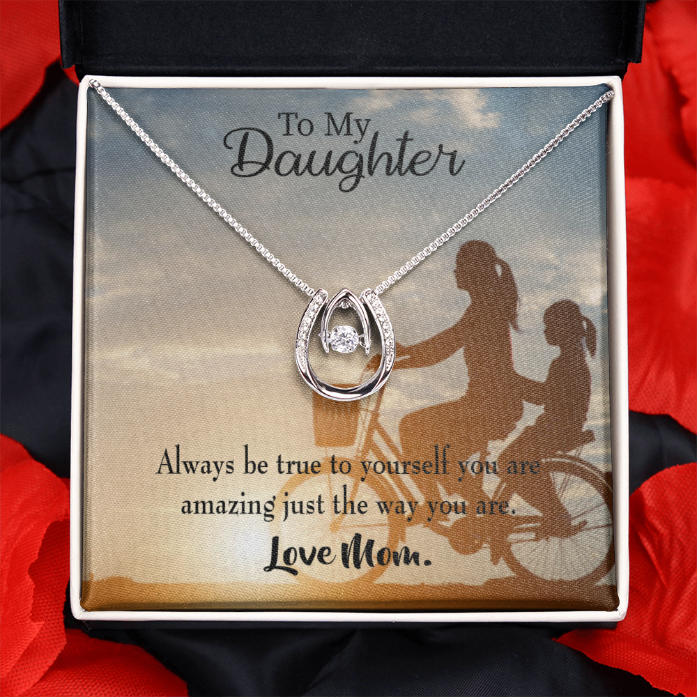 To My Daughter Be True to Yourself Mom Lucky Horseshoe Necklace Message Card 14k w CZ Crystals-Express Your Love Gifts