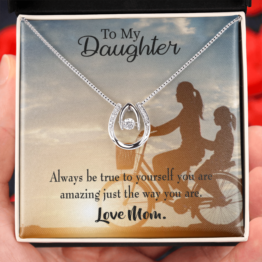 To My Daughter Be True to Yourself Mom Lucky Horseshoe Necklace Message Card 14k w CZ Crystals-Express Your Love Gifts