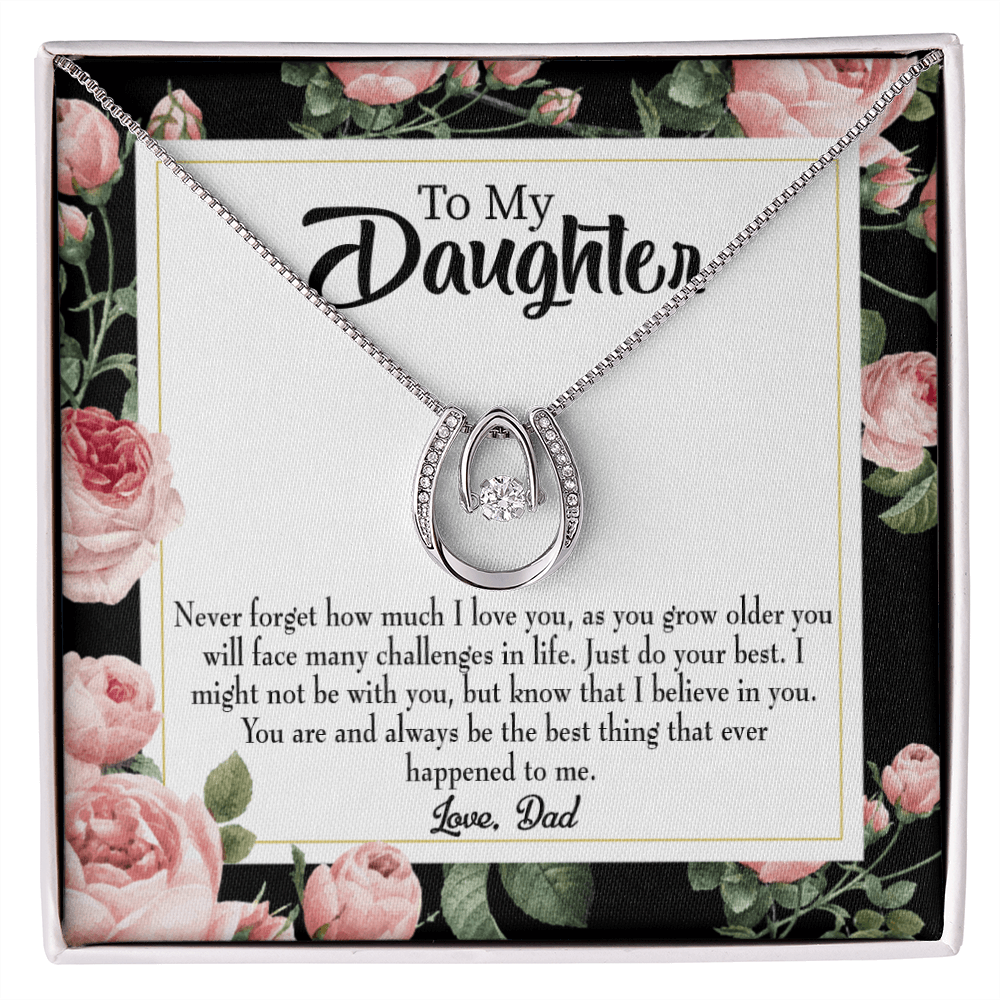 To My Daughter Best Thing From Dad Lucky Horseshoe Necklace Message Card 14k w CZ Crystals-Express Your Love Gifts