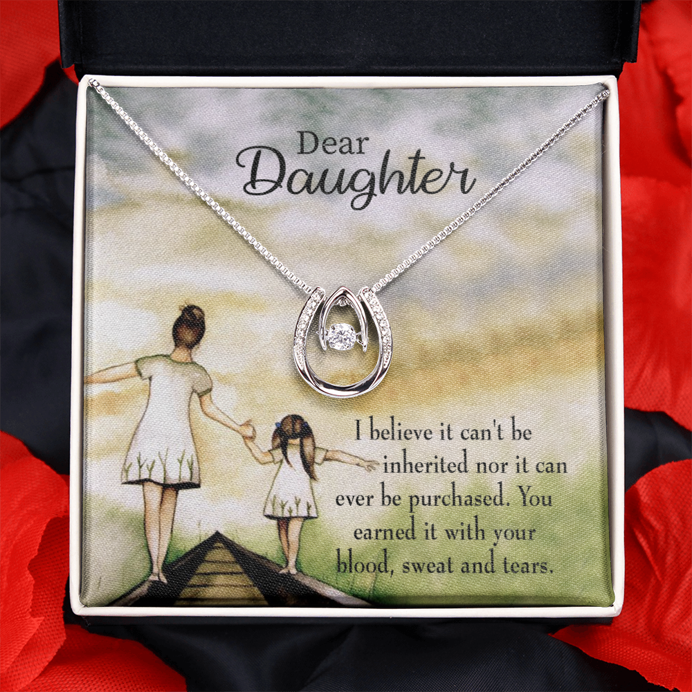 To My Daughter Blood Sweat and Tears From Mom Lucky Horseshoe Necklace Message Card 14k w CZ Crystals-Express Your Love Gifts