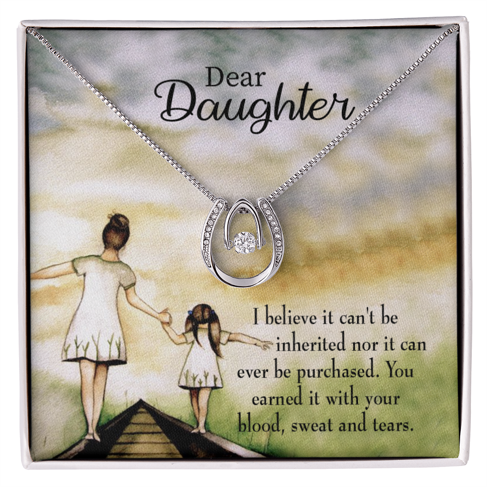 To My Daughter Blood Sweat and Tears From Mom Lucky Horseshoe Necklace Message Card 14k w CZ Crystals-Express Your Love Gifts