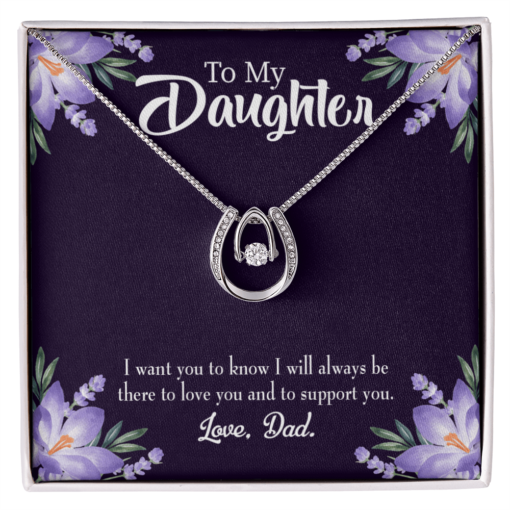 To My Daughter Dad Supports You Lucky Horseshoe Necklace Message Card 14k w CZ Crystals-Express Your Love Gifts