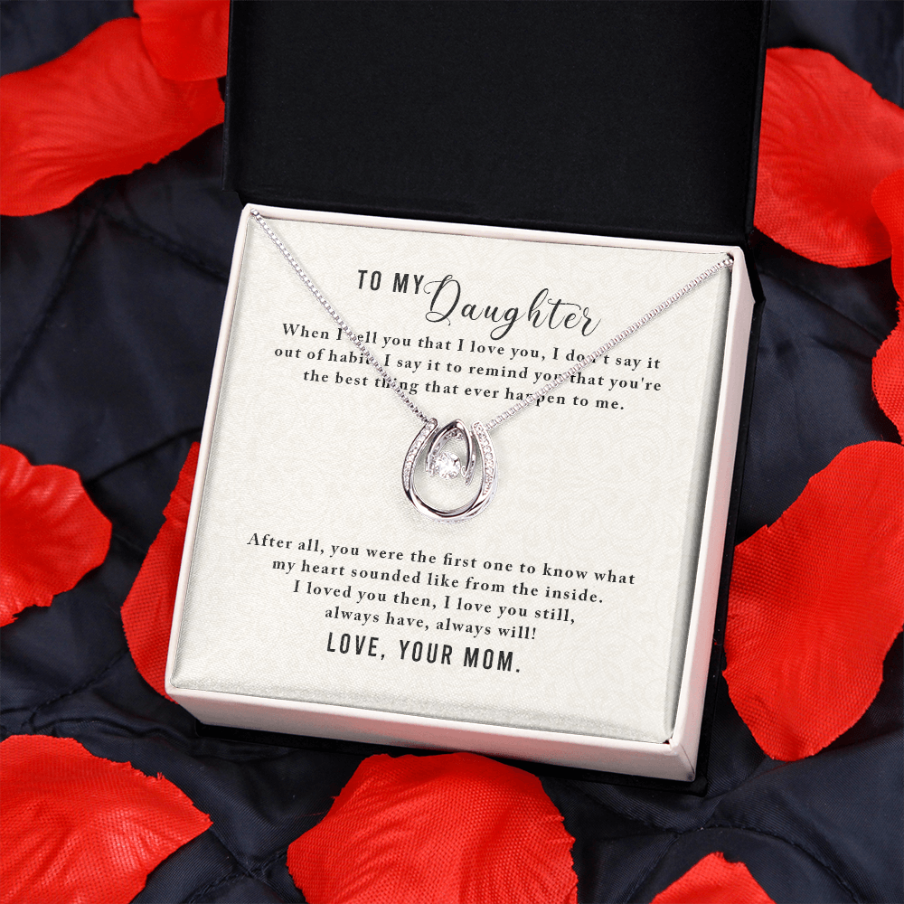 To My Daughter-From Mom Lucky Horseshoe Necklace Message Card 14k w CZ Crystals-Express Your Love Gifts