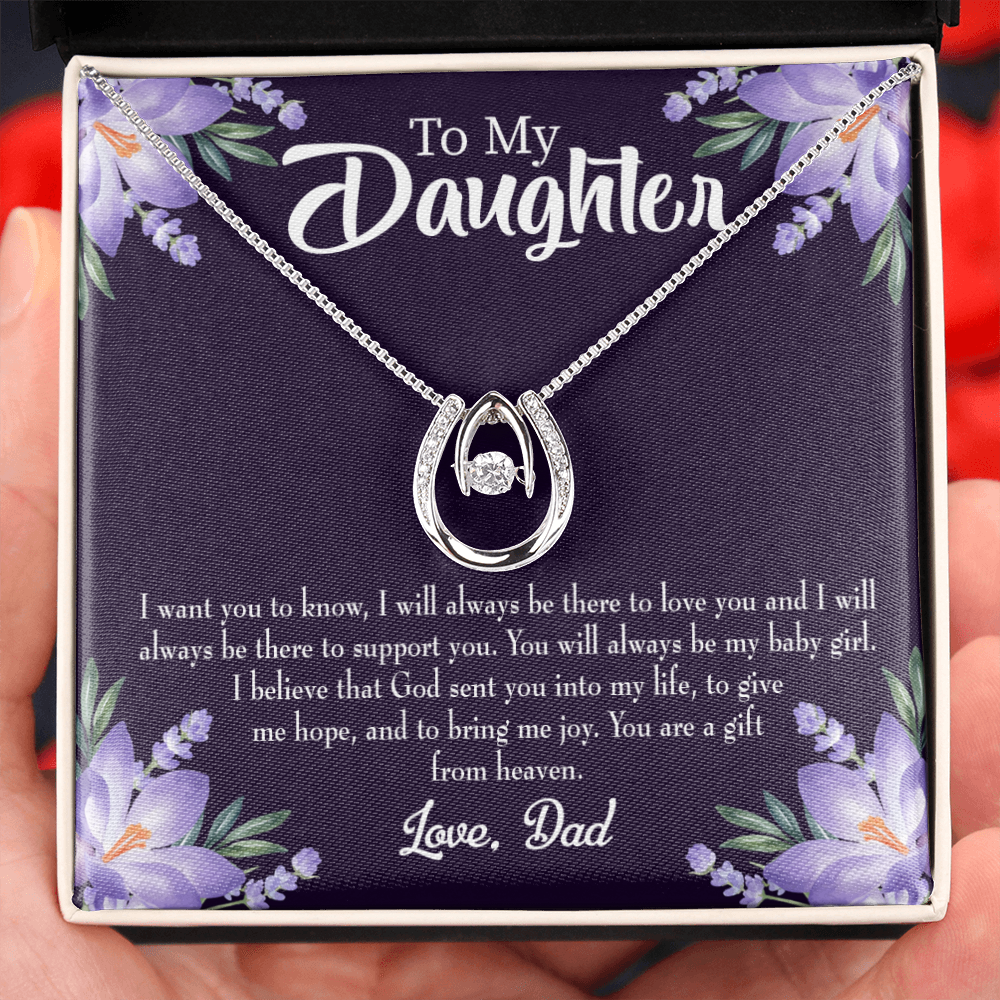 To My Daughter Gift From Heaven From Dad Lucky Horseshoe Necklace Message Card 14k w CZ Crystals-Express Your Love Gifts