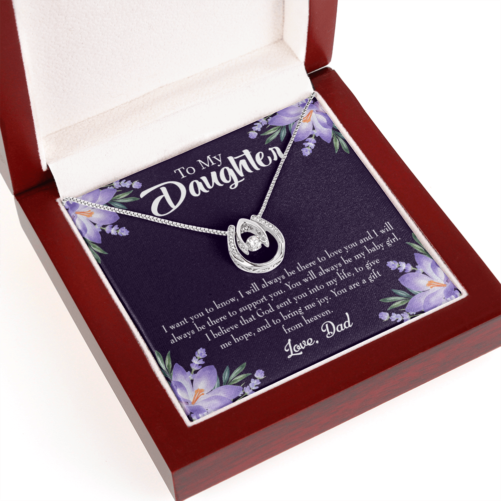 To My Daughter Gift From Heaven From Dad Lucky Horseshoe Necklace Message Card 14k w CZ Crystals-Express Your Love Gifts