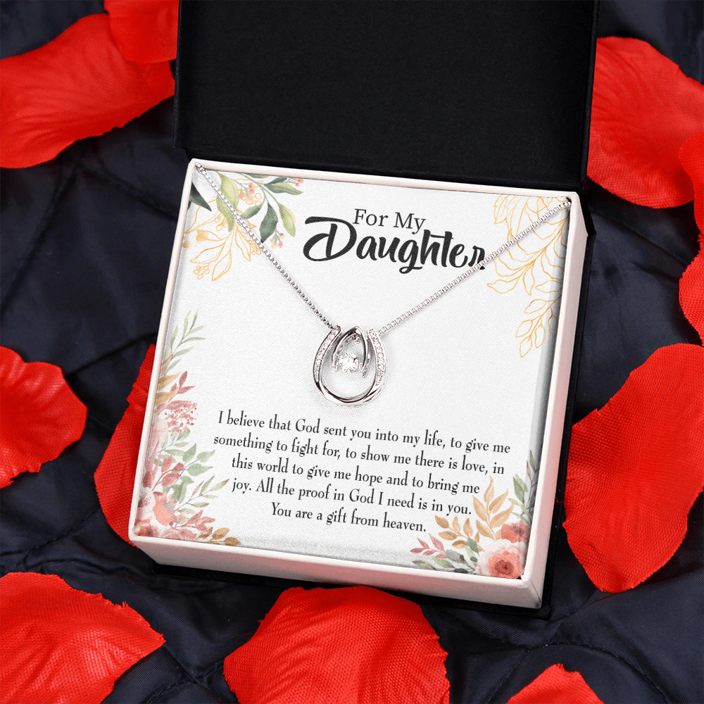 To My Daughter Gift From Heaven From Mom Dad Religious Lucky Horseshoe Necklace Message Card 14k w CZ Crystals-Express Your Love Gifts