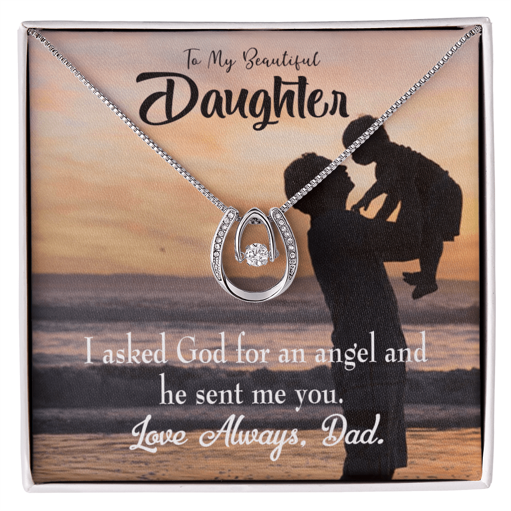 To My Daughter God Sent Angel to Dad Lucky Horseshoe Necklace Message Card 14k w CZ Crystals-Express Your Love Gifts