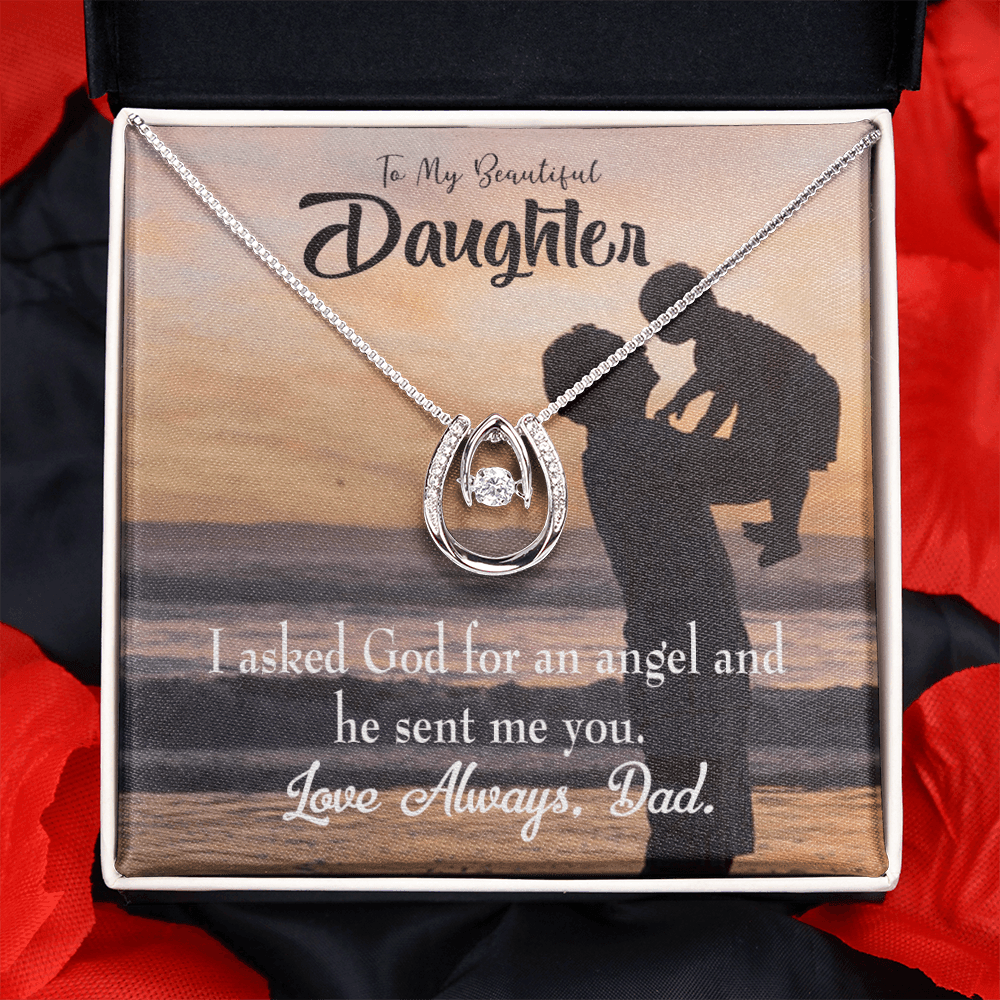 To My Daughter God Sent Angel to Dad Lucky Horseshoe Necklace Message Card 14k w CZ Crystals-Express Your Love Gifts