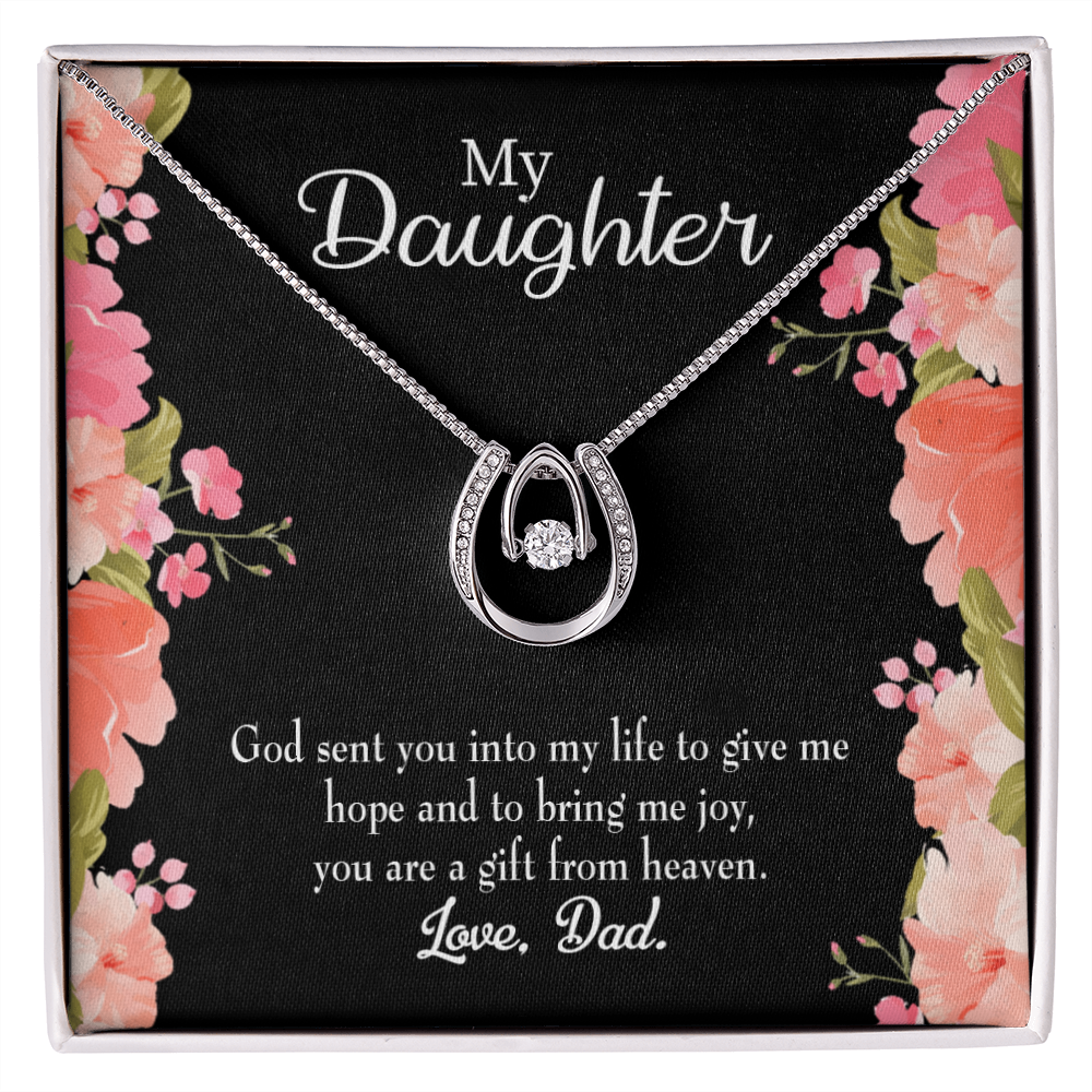 To My Daughter God Sent to Dad&#39;s Life Lucky Horseshoe Necklace Message Card 14k w CZ Crystals-Express Your Love Gifts
