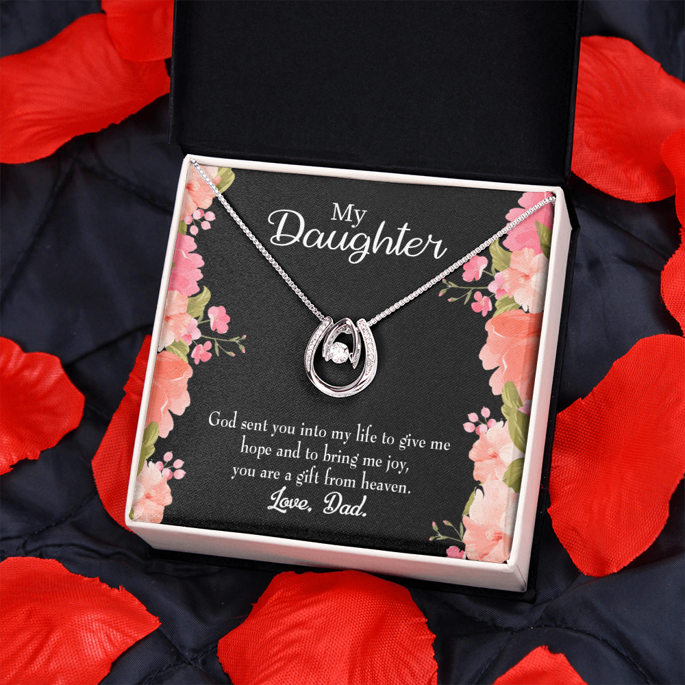 To My Daughter God Sent to Dad's Life Lucky Horseshoe Necklace Message Card 14k w CZ Crystals-Express Your Love Gifts