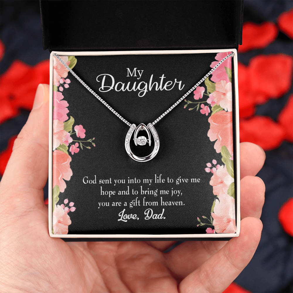 To My Daughter God Sent to Dad's Life Lucky Horseshoe Necklace Message Card 14k w CZ Crystals-Express Your Love Gifts