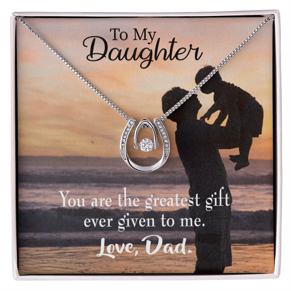 To My Daughter Greatest Gift to Dad Lucky Horseshoe Necklace Message Card 14k w CZ Crystals-Express Your Love Gifts