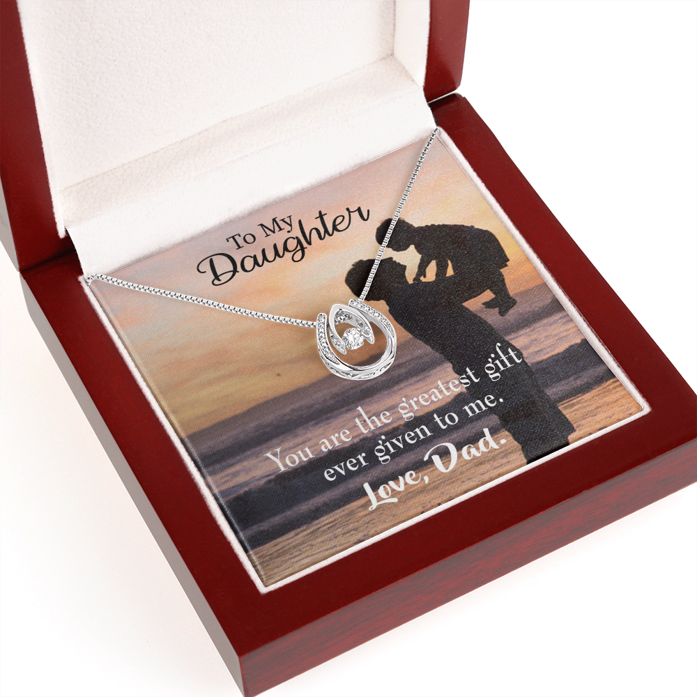 To My Daughter Greatest Gift to Dad Lucky Horseshoe Necklace Message Card 14k w CZ Crystals-Express Your Love Gifts