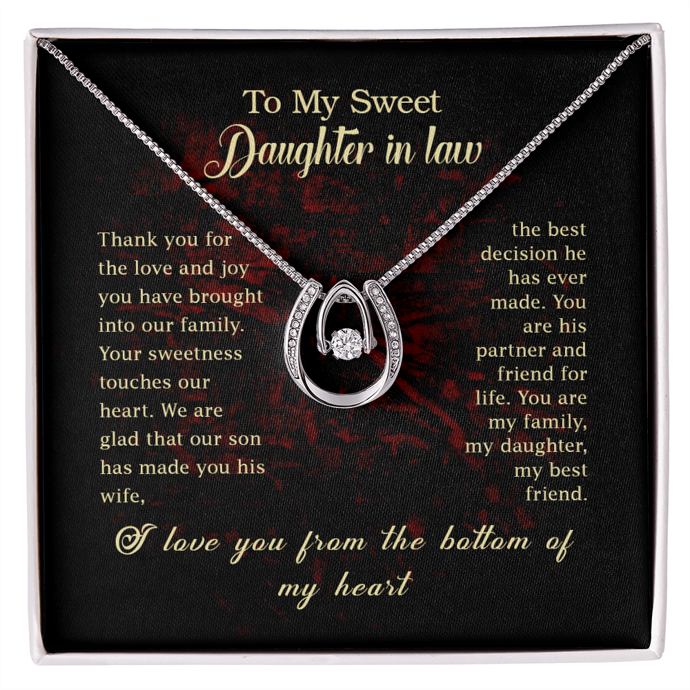 To my Daughter In Law Lucky Horseshoe Necklace Message Card 14k w CZ Crystals-Express Your Love Gifts