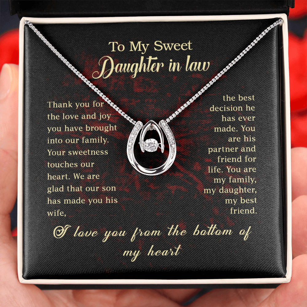 To my Daughter In Law Lucky Horseshoe Necklace Message Card 14k w CZ Crystals-Express Your Love Gifts
