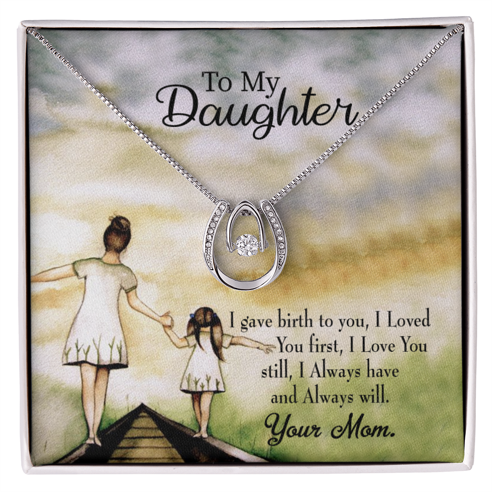 To My Daughter Mom Loved You First Lucky Horseshoe Necklace Message Card 14k w CZ Crystals-Express Your Love Gifts