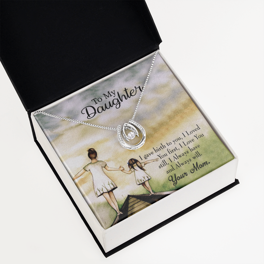 To My Daughter Mom Loved You First Lucky Horseshoe Necklace Message Card 14k w CZ Crystals-Express Your Love Gifts