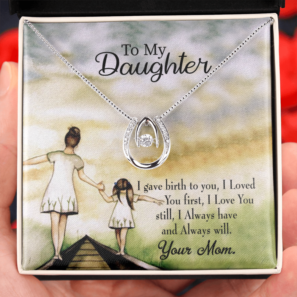 To My Daughter Mom Loved You First Lucky Horseshoe Necklace Message Card 14k w CZ Crystals-Express Your Love Gifts