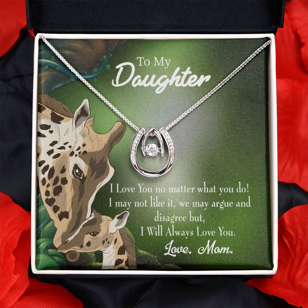 To My Daughter Mom Loves You No Matter What Lucky Horseshoe Necklace Message Card 14k w CZ Crystals-Express Your Love Gifts